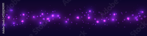 Casino background. Flying purple glowing playing cards on black background. Sparkling hearts, clubs, diamonds and spades on dark. Online gambling concept. VIP abstract vector illustration.