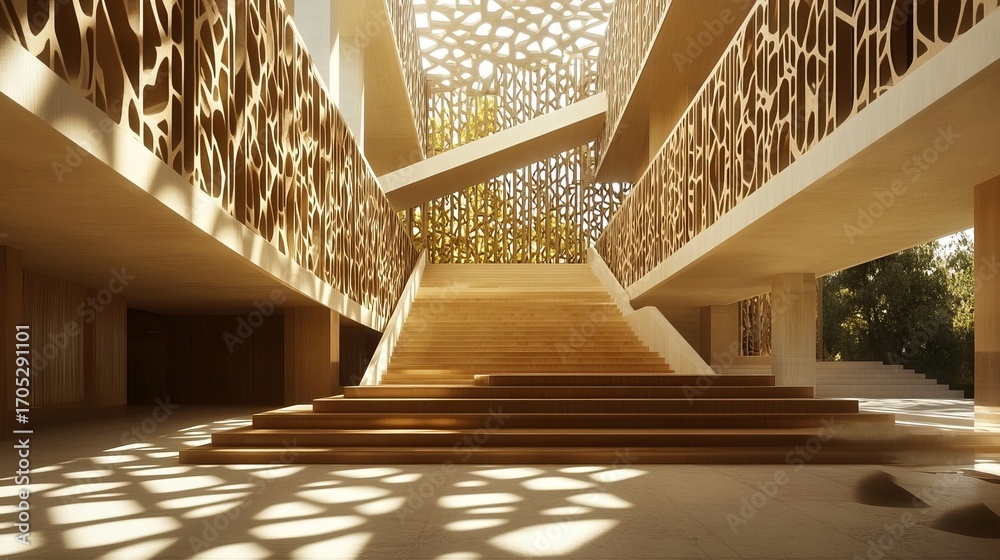 Obraz premium Architectural interior with wooden staircase and intricate, sunlight-filtered patterns. Warm tones and natural light