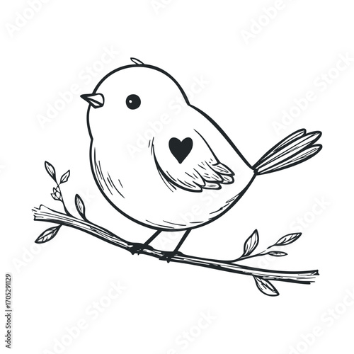 A small, plump bird with a heart on its wing.