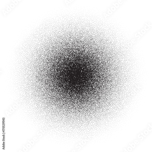 Dark center grain texture with radial halftone fade on white background. Dense black noise dispersing outward for vintage, comic, grunge design. Abstract dotted vector illustration.