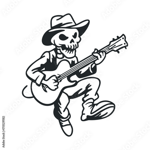  A cowboy skeleton plays a guitar and dances.