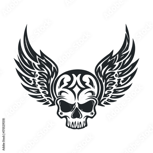 A winged skull with a tribal-style forehead is shown.