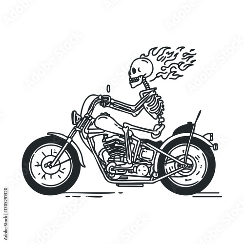 A flaming skeleton rides a motorcycle.