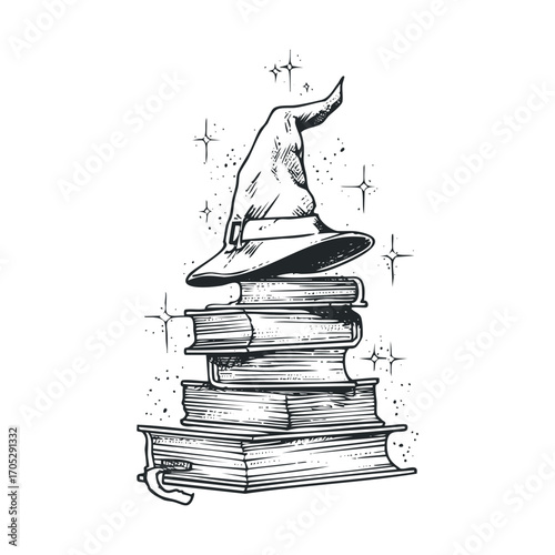  A witch hat on a stack of books with sparkles.