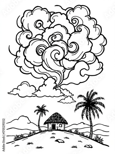 Minimilist illustration of a hut on a hill with palm trees and a large cloud formation above it in black and white vector