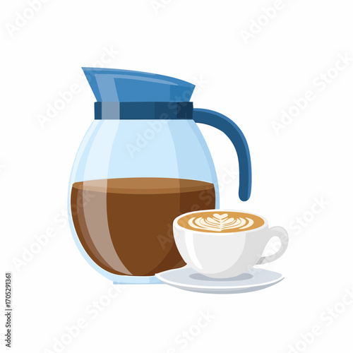 Coffee and cappuccino. Vector illustration of coffee pot, cappuccino or americano cup