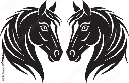 Mirror Image Equine Silhouette Design Two Horses Facing Each Other Black and White Illustration