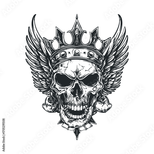 A black and white tattoo of a skull with wings and a crown.