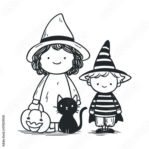 Two kids in costumes with a cat and a pumpkin.