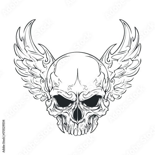 A skull with fangs and angry eyes, with wings.