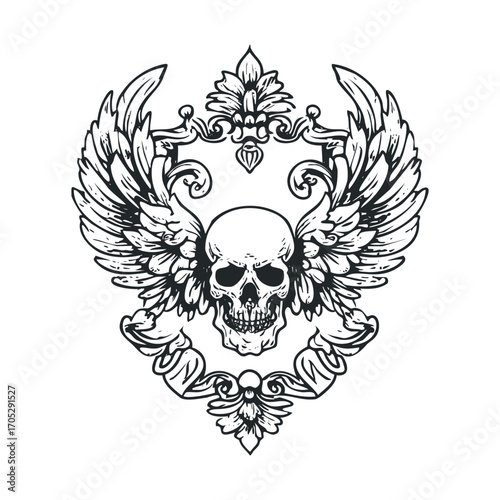 An ornate, detailed skull with large wings and a crest.