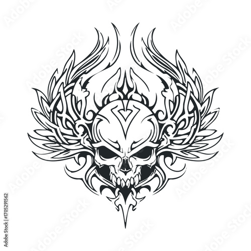 A skull with detailed tribal wings and a fierce expression.