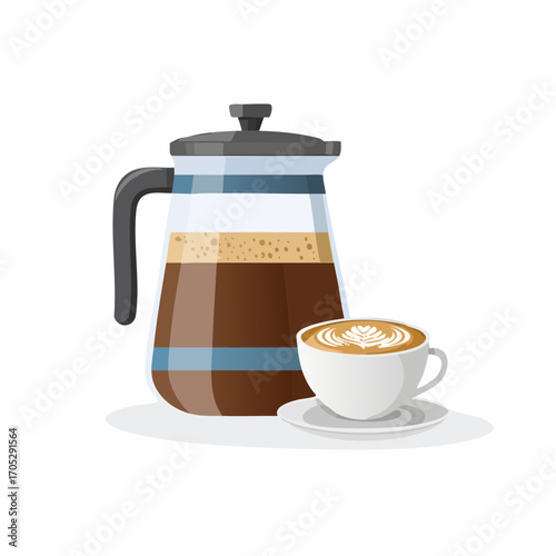 Coffee and cappuccino. Vector illustration of coffee pot, cappuccino or americano cup