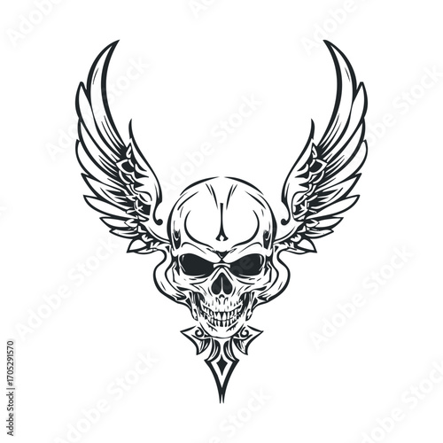 A skull with detailed wings and a geometric symbol.