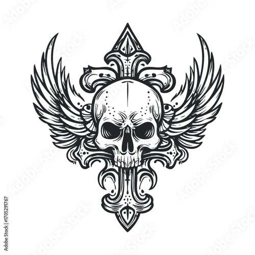 A spooky skull with wings and a cross.