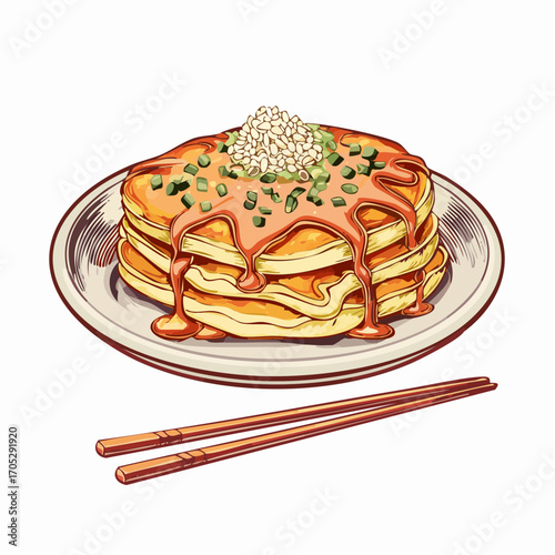 Delicious stack of savory Japanese-style pancakes with sauce and toppings, served on a plate with chopsticks, okonomiyaki