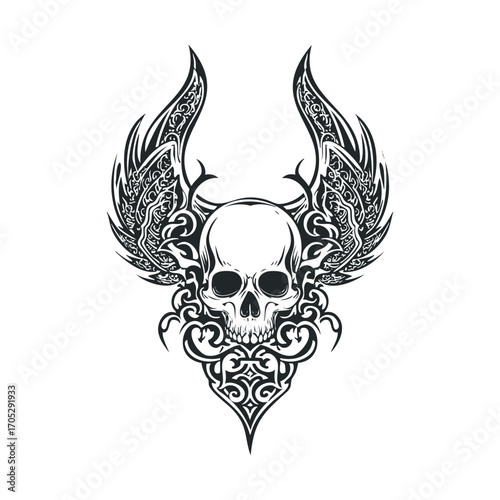 A skull with ornate wings and designs.