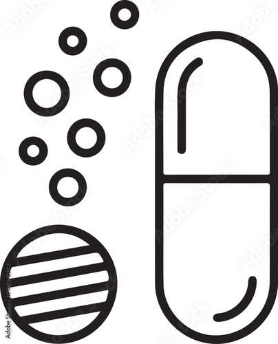 Line art illustration of a pill capsule and tablet with bubbles