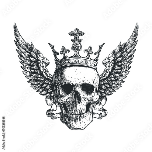 A skull with wings and a crown.