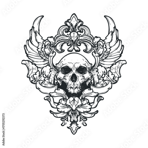 An intricate skull with wings and ornate carvings.