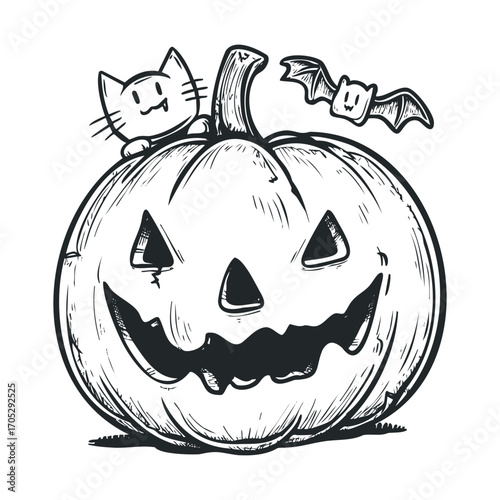 A hand-drawn spooky pumpkin with a bat and a cat.