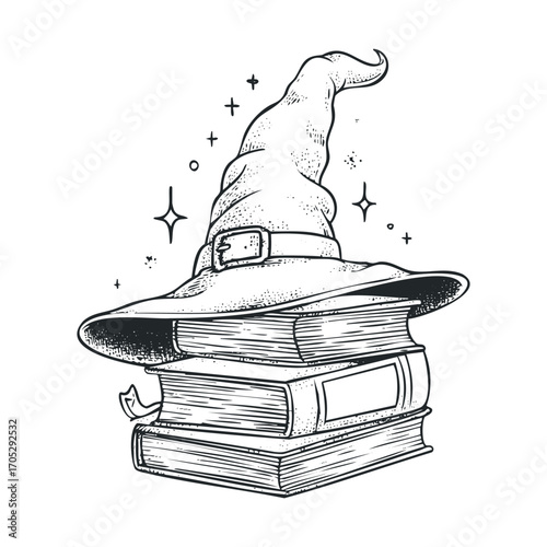 A witch's hat on top of a stack of books.