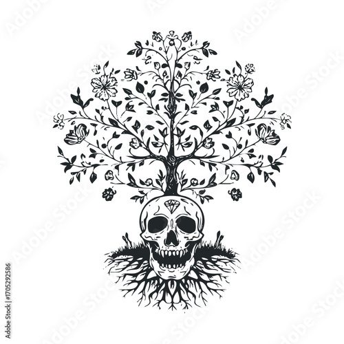 A tree with a skull at its base and roots.