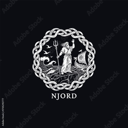 engraving of Njord, the Norse god of the sea and win. Vector template illustration