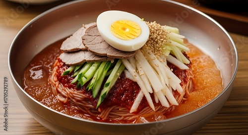Spicy Bibim Naengmyeon Korean Cold Noodles On Plate