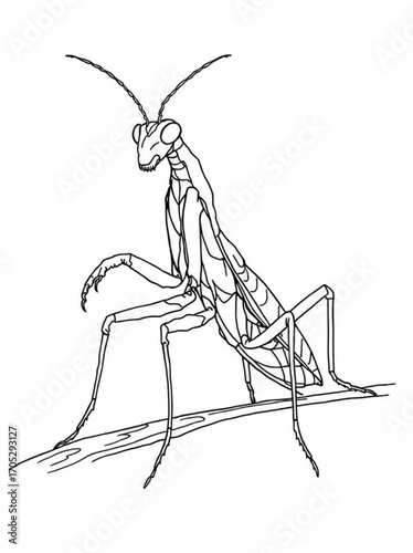 Minimilist detailed line art illustration of a praying mantis perched on a branch with a white background scene vector