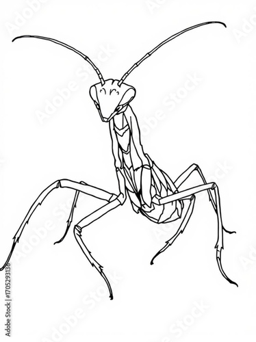Minimilist illustration of a praying mantis with long antennae and spindly legs in black and white outline style vector