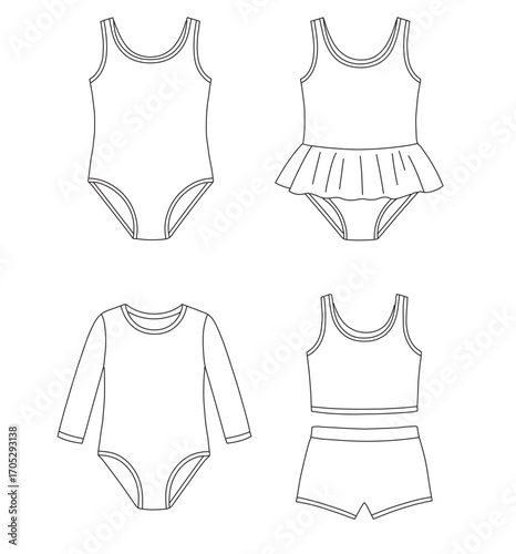 Hand Drawn Sketch kids swimsuit drawing on a white background, swimsuit for girls with long sleeves, with a skirt.