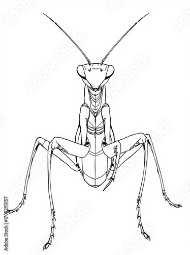 Minimilist detailed line drawing of a praying mantis insect with long legs and antennae standing upright pose vector
