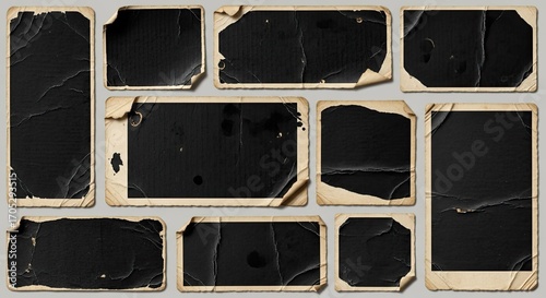 Collection of Aged and Damaged Photo Frames with Blacked-Out Centers.