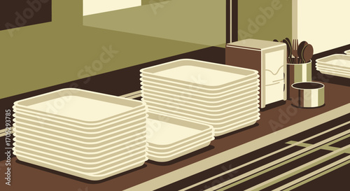 A graphic illustration of a vintage cafeteria counter featuring neatly stacked plates, a napkin dispenser, and classic retro styling