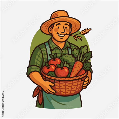 Vector cartoon illustration of farmers harvesting fresh agricultural products. A male farmer carrying a basket filled with vegetables such as tomatoes and carrots, and a happy farmer couple holding go