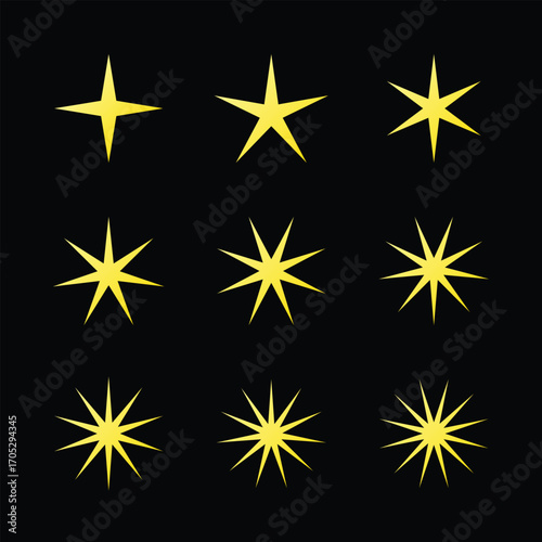 Set of Yellow star icon with black background for decoration