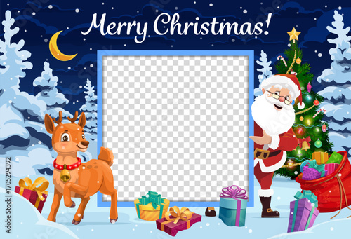Merry Christmas photo frame vector background with cute Xmas holiday characters. Cartoon Santa Claus in winter forest with cute deer personage, Christmas tree and Xmas gift boxes photo frame template
