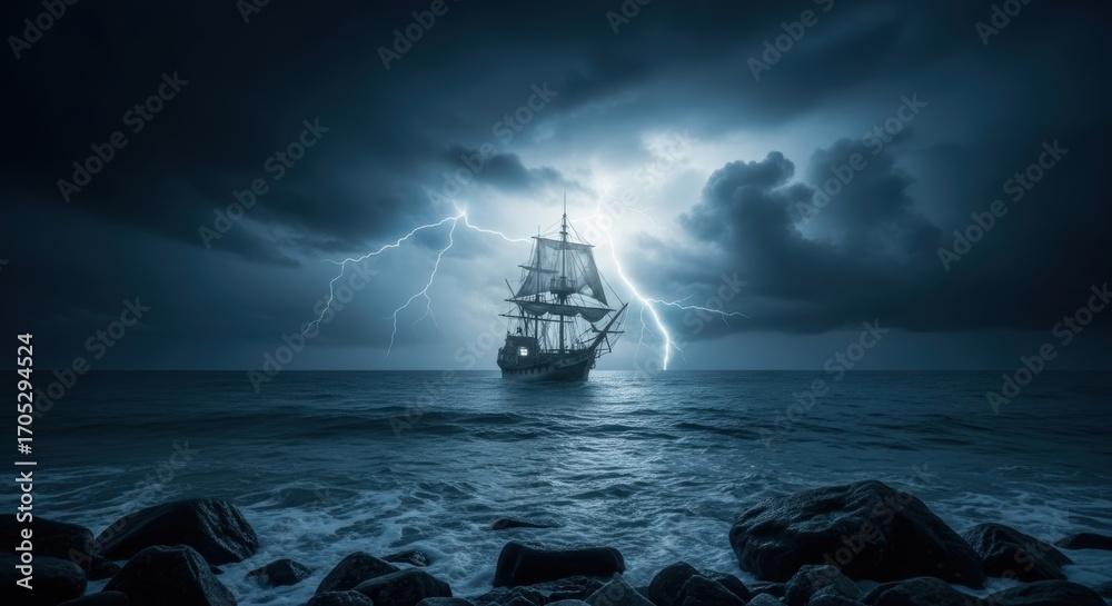 Obraz premium Ancient Ship in a Tempestuous Storm