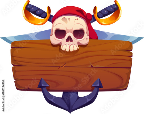 Pirate signboard, frame and heraldry icon. Caribbean corsair game banner. Cartoon vector wooden plank, sailor skull wearing bandana, anchor and crossed swords. Frame for nautical treasure adventures