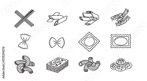 Collection of hand drawn pasta shapes and food icons silhouette