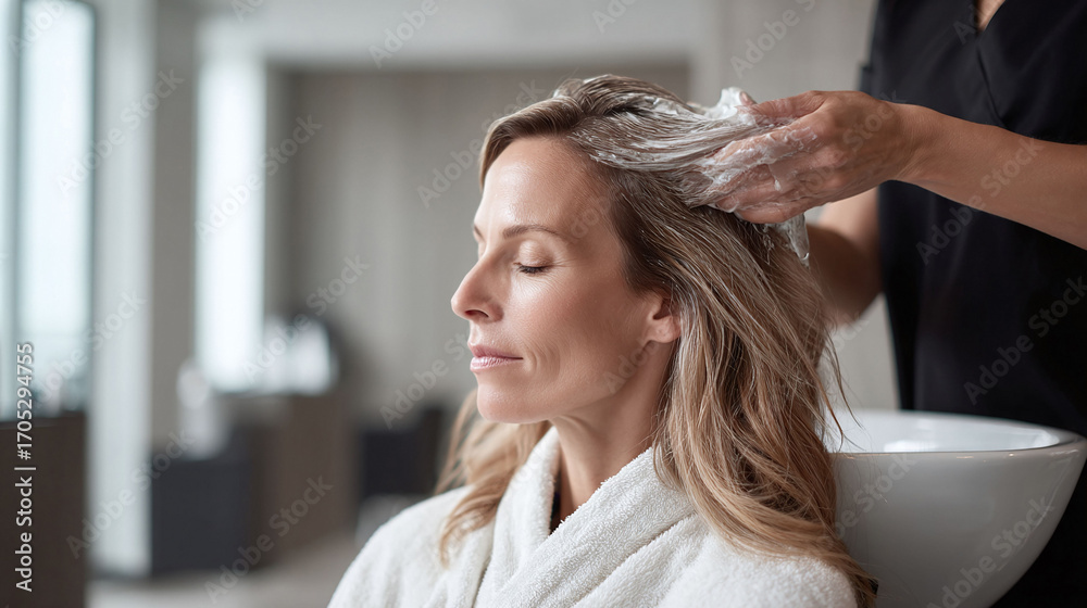 Fototapeta premium Relaxing beauty treatment. Woman receiving a nourishing hair mask. Represents selfcare, pampering, and wellness. Ideal for salon, spa, or lifestyle marketing.