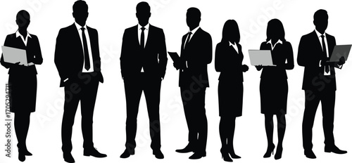 Group of professional business people silhouettes holding laptops and tablets, formal corporate team standing confident, modern office workers vector