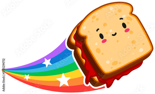 Fast food sandwich kawaii character vintage Y2K sticker or label. Fast food meal retro groovy vector label, takeaway snack tag. Sandwich with jam funny personage flying on rainbow Y2K sticker