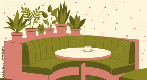 A quiet and cozy corner in a vintage-style coffee shop with a comfortable green booth and many houseplants