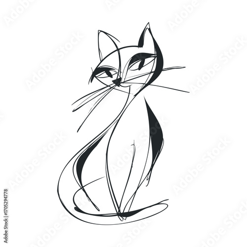 A minimalist line drawing of a cat with long whiskers.