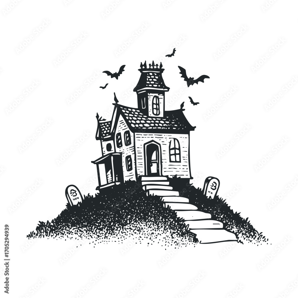 Naklejka premium A black and white drawing of a haunted house on a hill.