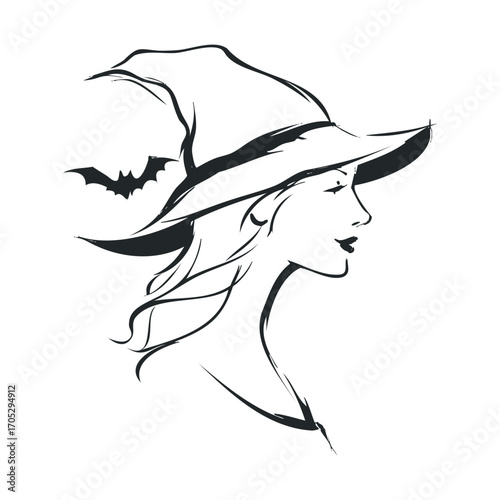 A sketch of a woman wearing a witch's hat with a bat.