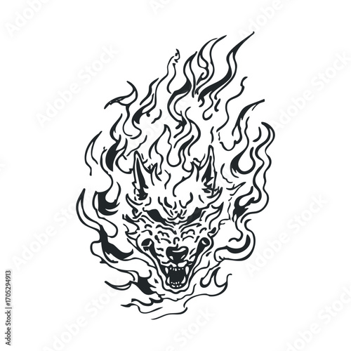 A spooky drawing of a demonic wolf head on fire.