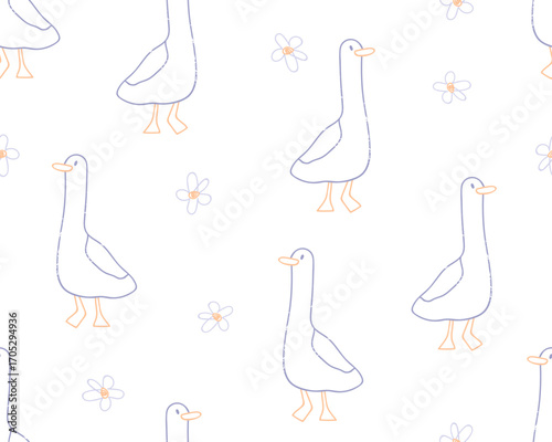 Cute hand-drawn geese, seamless pattern, kids drawing. Scribble doodle sketch, endless background with farm goose and flowers. Children flat vector illustration for textile, fabric, wrapping